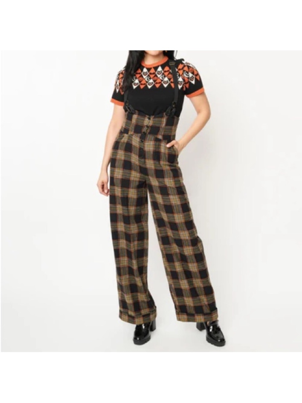 Unique Vintage Brown and Black Plaid High-Waist Wide-Leg Suspender Pants